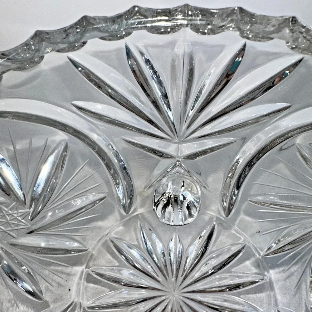 Cut Crystal Glass Round 3-Footed Bowl Hobstar Pinwheel Star Excellent Vintage